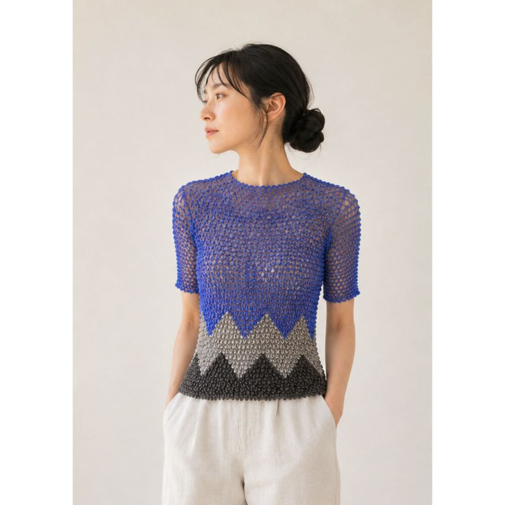 Vintage Japanese Textured Knit Top Colorblock Chevron 100% Acrylic Sz M